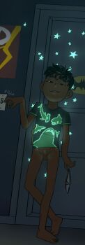 1boy absurdres anonanim black_hair bottomless briefs commentary dark dark-skinned_male dark_room dark_skin english_commentary english_text felix_maez_(anonanim) glow-in-the-dark glowing grin highres holding holding_underwear holding_unworn_clothes light_switch looking_at_viewer male_focus male_underwear original penis shirt short_hair shota small_penis small_testicles smile t-shirt testicles underwear unworn_male_underwear white_male_underwear