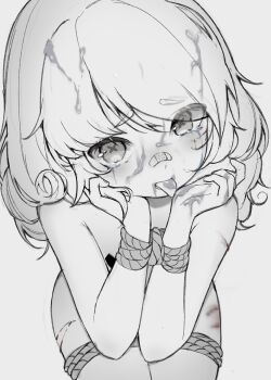 1girl :p absurdres bandaid bandaid_on_face bandaid_on_nose bdsm bondage bound bound_wrists breasts bruise crying crying_with_eyes_open cuts hair_bun highres immy_bisou injury liquid looking_at_viewer nude shibari sitting small_breasts solo symbol-shaped_pupils tears tied_up_(nonsexual) tongue tongue_out vallure virtual_youtuber x-shaped_pupils