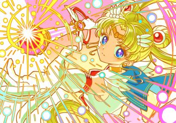 1girl bishoujo_senshi_sailor_moon blue_eyes blue_sailor_collar choker circlet closed_mouth commentary double_bun gloves hair_bun highres holding holding_wand looking_at_viewer magical_girl parted_bangs prettysavage30 sailor_collar sailor_moon sailor_senshi_uniform sleeveless solo sparkle tsukino_usagi twintails upper_body wand white_gloves