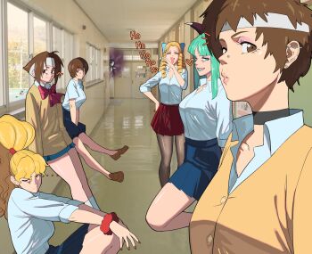 Rule 34 | ..., 6+girls, ?, aura, black hair, blonde hair, blue skirt, bow, breasts, brown eyes, brown hair, brown pantyhose, brown shoes, buttons, capcom, capcom fighting collection, character request, closed mouth, collared shirt, commentary, dark aura, darkstalkers, english commentary, face piercing, final fight, genryuusai maki, glasses, green eyes, green hair, headband, heart, highres, justice gakuen, kanzuki karin, kasugano sakura, loafers, long hair, long sleeves, looking at viewer, medium breasts, minazuki kyoko, morrigan aensland, multiple girls, nose piercing, octavius (octavius dp), ojou-sama pose, opaque glasses, open mouth, pantyhose, piercing, ponytail, red bow, red headband, red nails, red skirt, school uniform, screenshot background, scrunchie, shirt, shoes, short hair, short sleeves, skirt, smile, street fighter, the king of fighters, wakaba hinata, white headband, white shirt, wrist scrunchie, yellow shirt, yuri sakazaki