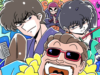 1girl 3boys brother_and_sister commentary_request hair_between_eyes kunou_kodachi kunou_tatewaki multiple_boys ninja open_mouth principal_kunou ranma_1/2 sarugakure_sasuke siblings smile sunglasses teeth wanta_(futoshi)