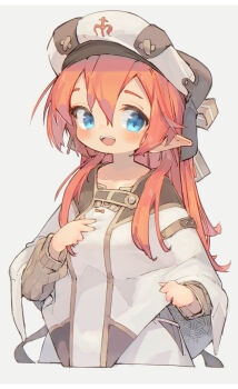 Rule 34 | 1girl, :d, absurdres, blue eyes, blush, brown sweater, collarbone, commentary, cropped torso, dated commentary, double-parted bangs, dress, hair between eyes, hand on own chest, hat, highres, long hair, long sleeves, looking at viewer, nep (nep 76), open mouth, original, pointy ears, red hair, ribbed sweater, sidelocks, simple background, smile, solo, sweater, white background, white dress, white hat