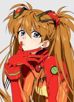1girl blue_eyes bodysuit closed_mouth finger_to_mouth highres interface_headset_(evangelion) long_hair looking_at_viewer mecha_pilot_suit neon_genesis_evangelion orange_bodysuit orange_hair plugsuit_(evangelion) red_bodysuit solo souryuu_asuka_langley test_plugsuit_(evangelion) twintails two_side_up upper_body v-shaped_eyebrows white_background yang_gallae
