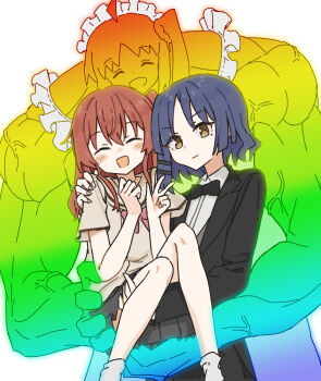 3girls black_bow black_bowtie black_suit blue_hair blush bocchi_the_rock! bow bowtie brown_shirt butler carrying carrying_person closed_eyes coattails colored_skin crossdressing crossdressing_(ftm) female_butler formal_clothes frilled_sleeves frills highres ijichi_nijika kita_ikuyo long_hair long_sleeves maid_headdress multicolored_skin multiple_girls muscular one_side_up open_mouth pant_suit pants pleated_skirt red_eyes red_hair school_uniform shirt short_sleeves skirt smile suit tailcoat tuxedo tuxedo_shirt v white_background yamada_ryo yellow_eyes you_sakura_ys