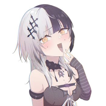 1girl aesfixcia arm_strap belt black_belt black_choker black_dress black_hair blush breasts chest_belt choker dress furrowed_brow grey_hair hair_ornament hand_up hashtag-only_commentary hololive hololive_english large_breasts laughing long_hair looking_at_viewer multicolored_hair open_mouth pendant_choker shiori_novella shiori_novella_(1st_costume) simple_background sleeveless sleeveless_dress solo spaghetti_strap split-color_hair striped_arm_warmers two-tone_hair upper_body virtual_youtuber white_background yellow_eyes