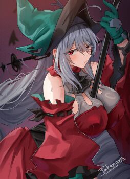 1girl arknights bare_shoulders between_breasts blush breasts covered_erect_nipples detached_sleeves dress gloves green_gloves green_hat grey_hair hat highres holding large_breasts long_hair long_sleeves looking_at_viewer red_dress red_eyes skadi_(arknights) solo takanaru witch_hat