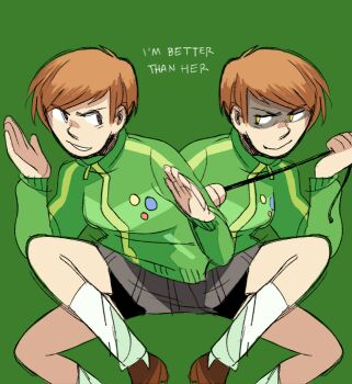 Rule 34 | 2girls, bad id, bad tumblr id, badge, black eyes, brogeoisie, brown footwear, brown hair, dark persona, english text, green background, green track suit, miniskirt, mirror image, multiple girls, persona, persona 4, satonaka chie, shadow (persona), shadow chie, skirt, track suit, whip, white legwear, yellow eyes