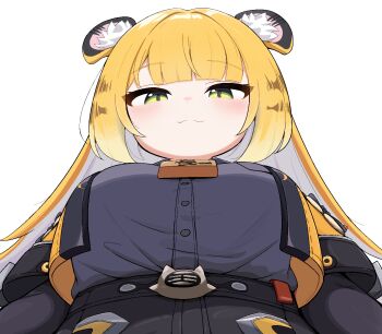 1girl :3 animal_ear_fluff animal_ears blonde_hair breasts colored_inner_hair from_below green_eyes grey_shirt highres ju_fufu long_hair looking_at_viewer medium_breasts multicolored_hair shirt solo tagyeokgam tiger_ears tiger_girl two-tone_hair white_hair zenless_zone_zero