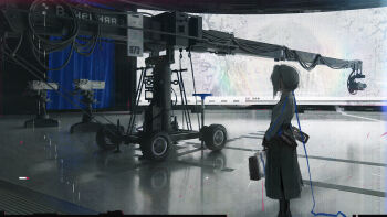1girl absurdres briefcase cable camera commentary full_body grey_hair grey_shirt grey_skirt highres holding holding_briefcase indoors long_skirt machinery nerok original screen shirt short_hair skirt solo standing studio wheel