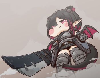 Rule 34 | 1girl, :>, armor, armored boots, belt, black hair, black horns, black wings, blush, boots, braid, brown belt, chibi, chibi only, clenched hand, closed mouth, colored inner hair, commentary request, cuirass, dragon girl, dragon horns, dragon tail, dragon wings, feet out of frame, from below, gamjeong ph, gauntlets, grey background, holding, holding sword, holding weapon, horns, korean commentary, leets (trickcal), multicolored hair, multicolored horns, pointy ears, poleyn, red eyes, red hair, red horns, red wings, shoulder armor, single braid, smile, solid circle eyes, solo, streaked hair, sword, tail, trickcal, two-tone hair, two-tone horns, two-tone wings, weapon, wings