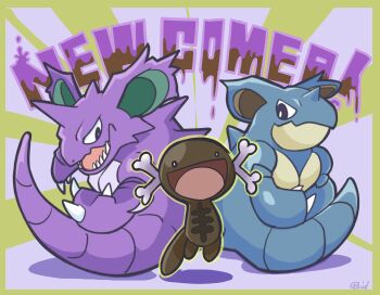 :d animal_focus closed_mouth commentary_request english_text gen_1_pokemon highres horns nidoking nidoqueen nikkado nintendo no_humans open_mouth paldean_wooper pokemon pokemon_(creature) pokemon_focus sharp_teeth single_horn smile teeth