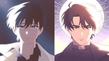 :| ahoge animated animated_gif bad_source black_coat black_eyes black_shirt blinking closed_mouth coat collarbone collared_coat collared_shirt curtains floating_hair glowing glowing_eyes hair_between_eyes hair_over_one_eye kim_dokja light_smile looking_at_another lowres meteor_shower night night_sky omniscient_reader&#039;s_viewpoint popped_collar shirt short_hair sky star_(sky) sun taozi_tea thick_eyebrows upper_body white_coat white_shirt wind yellow_eyes yoo_joonghyuk