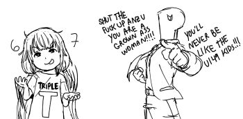 1boy 1girl 67_(meme) :p closed_mouth english_text futaba_anzu grown_ass_man_btw_(meme) hands_up idolmaster idolmaster_cinderella_girls jacket long_hair meme necktie p-head_producer pafwkuto print_shirt producer_(idolmaster) profanity shirt simple_background sketch smile t-shirt tongue tongue_out v-shaped_eyebrows white_background