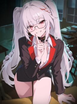 Rule 34 | 1girl, alternate costume, bespectacled, black-framed eyewear, black jacket, black skirt, braid, breasts, classroom, commentary, fingernails, glasses, hair intakes, hand up, highres, honkai: star rail, honkai (series), index finger raised, indoors, jacket, long hair, looking at viewer, mark under both eyes, miniskirt, multicolored hair, nail polish, nvl, parted lips, pink nails, red eyes, semi-rimless eyewear, side slit, skirt, small breasts, smile, solo, sparkle (honkai: star rail), sparxie (honkai: star rail), streaked hair, thighs, twintails, twitter username, under-rim eyewear, white hair
