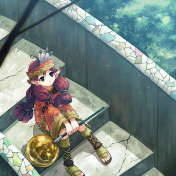 1girl black_eyes brown_hair chiko_(puyopuyo) feathers female_focus looking_up madou_monogatari nature outdoors puyopuyo sandals sitting sitting_on_stairs solo staff stairs yakka