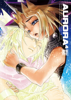 Rule 34 | 2boys, ancient egyptian clothes, armlet, atem, bare arms, bare shoulders, bishounen, black collar, black shirt, blonde hair, blonde streaks, blue eyes, bright pupils, cape, character name, circle name, closed eyes, collar, comiket 83, commentary request, content rating, copyright name, crying, crying with eyes open, curtained hair, d:, dual persona, earrings, fading, furrowed brow, glowing, gold armlet, gold bra, gold earrings, hand on another's chest, hand on another's neck, hari (quartzshow), heads together, hug, jewelry, light particles, male focus, multicolored hair, multiple boys, muto yugi, ofuda earrings, open mouth, parted lips, purple cape, purple hair, sad, selfcest, shirt, sky, sleeveless, sleeveless shirt, star (sky), starry sky, tears, title, tunic, two-tone hair, upper body, usekh collar, watermark, web address, white pupils, wrist belt, x (symbol), yaoi, yellow tunic, yu-gi-oh!