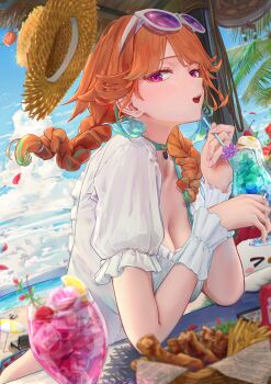 1girl absurdres aqua_bikini bikini bikini_under_clothes bird braid breasts chicken chicken_(food) choker cleavage cup drink drinking_straw earrings eyewear_on_head feather_earrings feathers food french_fries fried_chicken fruit green_choker hat highres hinataaoi_(iraiuketsukechuu) hololive hololive_english ice ice_cube jewelry kfp_employee_(takanashi_kiara) kotori_(takanashi_kiara) lemon lemon_slice long_hair looking_at_viewer official_alternate_costume open_mouth orange_hair purple_eyes solo straw_hat sun_hat sunglasses swimsuit takanashi_kiara takanashi_kiara_(casual) twin_braids virtual_youtuber
