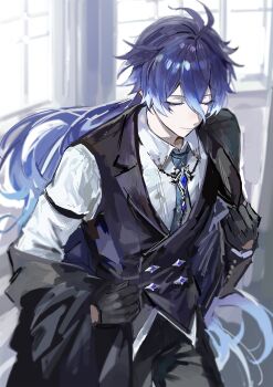 Rule 34 | 1boy, absurdres, alternate costume, black gloves, black jacket, black pants, blue hair, blue necktie, closed eyes, closed mouth, cowboy shot, flins (genshin impact), fractalmagnolia, genshin impact, gloves, hair between eyes, highres, jacket, long hair, long sleeves, male focus, necktie, pants, removing jacket, shirt, solo, vest, waistcoat, white shirt, window