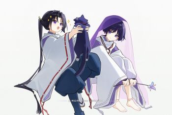 Rule 34 | 2boys, absurdres, alalen, animal, animalization, armor, artist name, barefoot, black hair, black pants, blunt ends, blush, bright pupils, cat, choppy bangs, closed mouth, crossover, curtained hair, dated, doll joints, eyeliner, eyeshadow, flower, genshin impact, hair intakes, hair pulled back, hair tie, high ponytail, highres, holding, holding animal, holding cat, holding flower, houjou tokiyuki (nige jouzu no wakagimi), japanese armor, japanese clothes, joints, kariginu, kimono, kote, kurokote, layered sleeves, long hair, long sleeves, looking at animal, looking at another, makeup, multiple boys, nige jouzu no wakagimi, open mouth, pants, person and animalization, pom pom (clothes), ponytail, puffy pants, purple cat, purple eyes, purple kimono, purple sleeves, purple veil, red eyeliner, red eyeshadow, ribbon-trimmed sleeves, ribbon trim, scaramouche (cat) (genshin impact), scaramouche (genshin impact), scaramouche (kabukimono) (genshin impact), see-through clothes, see-through veil, smile, split mouth, string, toenails, toes, veil, white background, white pants, white pupils, white sleeves