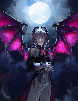 1boy arms_up black_coat black_horns black_shirt closed_mouth coat collared_shirt commentary crossed_bangs dragon_boy dragon_horns dragon_wings english_commentary feet_out_of_frame full_moon genshin_impact gloves hair_between_eyes highres horns long_sleeves looking_at_viewer male_focus mini_durin_(genshin_impact) mini_durin_(human)_(genshin_impact) moon outdoors own_hands_together pants pink_eyes purple_hair ryrmcher shirt sleeve_cuffs solo spread_wings standing two-sided_coat two-sided_fabric white_gloves white_pants wings