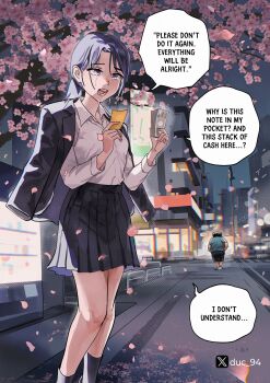 1boy 1girl absurdres banknote black_hair black_skirt black_socks cherry_blossoms commentary crying crying_with_eyes_open duc_94 english_commentary english_text highres jacket jacket_on_shoulders kneehighs money night original outdoors pleated_skirt purple_eyes purple_hair school_uniform skirt socks tears