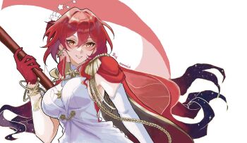 1girl aiguillette alternate_form artist_name asymmetrical_gloves blush bow bracelet breasts cape dress earrings elbow_gloves epaulettes floating_cape flower gloves gold_bracelet gradient_hair hair_between_eyes hair_flower hair_ornament hand_up highres himeko_(honkai:_star_rail) himeko_(nova)_(honkai:_star_rail) holding holding_polearm holding_weapon honkai:_star_rail honkai_(series) jewelry large_breasts long_hair looking_at_viewer mismatched_gloves mmmmhyb multicolored_hair polearm purple_hair red_cape red_flower red_gloves red_hair red_rose rose simple_background single_earring sleeveless sleeveless_dress smile solo spear star_(symbol) star_earrings star_hair_ornament star_ornament tassel teeth two-tone_hair upper_body wavy_hair weapon white_background white_dress white_gloves yellow_bow yellow_eyes