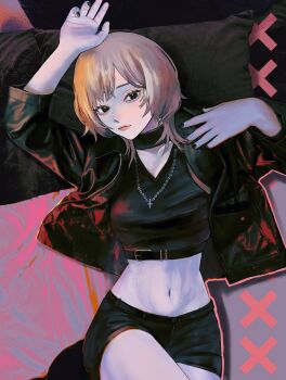 1girl absurdres arms_up bed belt black_belt black_choker black_eyes black_jacket black_nails black_shirt black_shorts blonde_hair breasts chain chain_necklace choker closed_mouth collarbone commentary cropped_jacket cropped_shirt cross cross_necklace english_commentary eyelashes highres huion jacket jewelry long_sleeves looking_at_viewer lui_n24 lying midriff navel necklace nose on_back on_bed open_clothes open_jacket original shirt short_hair shorts small_breasts solo