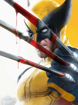 1boy beard bodysuit bosslogic claw_(weapon) deadpool facial_hair highres male_focus marvel multicolored_bodysuit muscular muscular_male solo superhero_costume two-tone_bodysuit weapon wolverine_(x-men) x-men yellow_bodysuit
