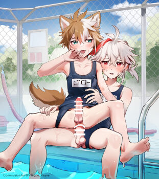 2boys :p absurdres animal_ears bar_censor bare_shoulders blue_one-piece_swimsuit censored collarbone dog_boy dog_ears dog_tail erection genshin_impact gorou_(genshin_impact) grey_hair highres itsme_takk kaedehara_kazuha male_penetrated multicolored_hair multiple_boys one-piece_swimsuit orange_hair penis pool red_eyes red_hair sex sex_from_behind short_hair smile streaked_hair sweatdrop swimsuit tail tongue tongue_out trap trap_on_trap white_hair yaoi
