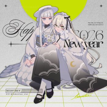 2026 2girls blue_eyes blue_nails blunt_bangs blunt_ends bow capelet cloud_print commentary crescent crossed_legs earrings english_commentary english_text feathers happy_new_year hat high_heels highres japanese_clothes jewelry kimono knees_up lemontea limited_palette long_hair looking_at_viewer looking_down maid_headdress mistee_(lemontea) multiple_girls nail_polish new_year original parted_lips print_kimono ribbon sana_(lemontea) sitting smile turtleneck undershirt very_long_hair wavy_hair white_hair yellow_eyes yellow_nails