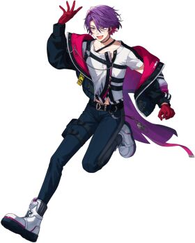 Rule 34 | 1boy, :d, ankle boots, arm up, artist request, asymmetrical bangs, belt, black belt, black choker, black jacket, black pants, boots, chest strap, choker, collarbone, colored inner hair, curtained hair, full body, gloves, hair intakes, jacket, leg up, long bangs, long sleeves, looking ahead, male focus, midriff peek, multicolored hair, nijisanji, o-ring, official art, open clothes, open jacket, open mouth, pants, pocket watch, pouch, purple hair, red gloves, red jacket, second-party source, shirt, short sleeves, simple background, single off shoulder, smile, solo, thigh pouch, thigh strap, transparent background, two-sided fabric, two-sided jacket, two-tone hair, virtual youtuber, watarai hibari, watarai hibari (1st costume), watch, white boots, white shirt, yellow eyes