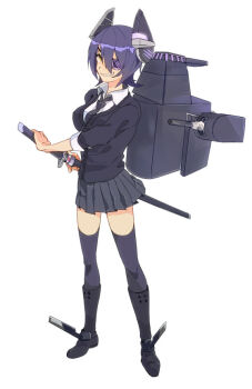 1girl black_boots black_cardigan boots breasts cardigan collared_shirt eyepatch full_body grin headgear holding holding_sheath holding_weapon kantai_collection large_breasts looking_at_viewer necktie nikayu pleated_skirt purple_hair purple_thighhighs rigging sheath sheathed shirt short_hair simple_background skirt smile solo sword tenryuu_(kancolle) thighhighs weapon white_background white_shirt