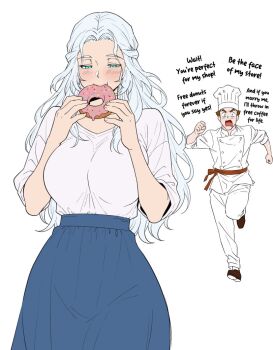 1boy 1girl blue_skirt blush braid breasts chef chef_hat donut eating english_text final_fantasy final_fantasy_xiv flat_color food green_eyes half_updo hat high-waist_skirt holding holding_donut holding_food jamjamstyle large_breasts long_hair running shirt skirt venat_(ff14) wavy_hair wavy_mouth white_background white_hair white_shirt wide_hips