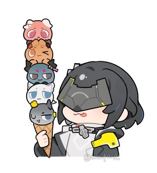 1girl angelina_(arknights) ardelia_(arknights) arknights arknights:_endfield black_coat black_hair chen_qianyu_(arknights) coat dragon_bubble_(arknights) endministrator_(arknights) eye_mask eyjafjalla_(arknights) female_endministrator_(arknights) gilberta_(arknights) highres holding holding_ice_cream_cone ice_cream_cone mask open_clothes open_coat perlica_(arknights) short_hair sidelocks tongue tongue_out twitter_username wwfo_2