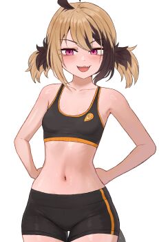 1girl black_shorts blush breasts brikot female_focus gigi_murin hands_on_own_hips hololive hololive_english looking_at_viewer navel open_mouth pink_eyes sharp_teeth shorts small_breasts smile solo sports_bra standing stomach teeth tight_clothes twintails virtual_youtuber white_background