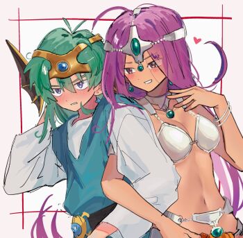 1boy 1girl arm_behind_head armor bangle bikini_armor blue_eyes blue_gemstone blue_tunic blush bracelet breasts brown_eyes cleavage cowlick dragon_quest dragon_quest_iv earrings forehead_protector furrowed_brow gem green_eyes green_gemstone hair_between_eyes hand_on_own_chest hero_(dq4) highres jewelry locked_arms long_hair manya_(dq4) medium_breasts medium_hair midriff orange_skirt parted_bangs parted_lips pelvic_curtain pendant_choker purple_hair revealing_clothes shirt single_earring skirt slime_(dragon_quest) smile tunic upper_body white_background white_shirt winged_headwear y_hcei10