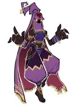 1girl arabian_clothes armlet baggy_pants bare_shoulders barefoot black_skin bracelet breasts clothing_cutout colored_skin crop_top curled_fingers fewer_digits full_body glowing glowing_eyes gold_armlet gold_bracelet gold_ring guohoho harem_outfit harem_pants heart heartless_(kingdom_hearts) hip_vent jewelry kingdom_hearts knee_up long_veil medium_breasts mouth_veil multiple_armlets multiple_bracelets navel pants purple_pants purple_tank_top purple_veil solid_circle_eyes solid_eyes solo standing standing_on_one_leg tank_top veil white_background yellow_eyes