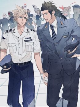 2b_fff 3girls 6+boys absurdres aerith_gainsborough aqua_eyes barret_wallace black_hair black_hat black_jacket black_pants black_vest blonde_hair brown_hair character_name cid_highwind closed_eyes closed_mouth cloud_strife collared_shirt commentary cowboy_shot cross_scar dark-skinned_male dark_skin facial_scar final_fantasy final_fantasy_vii final_fantasy_vii_remake fire flame-tipped_tail gloves hair_between_eyes hair_ribbon hair_slicked_back hat headband highres holding holding_hands holding_unworn_clothes holding_unworn_hat jacket long_hair multiple_boys multiple_girls musical_note necktie official_alternate_costume open_mouth pants pink_necktie pink_ribbon prosthetic_weapon red_headband red_xiii ribbon scar scar_on_cheek scar_on_face shirt short_hair short_sleeves sideburns smile spiked_hair striped_necktie symbol-only_commentary tail tifa_lockhart tile_floor tiles unworn_hat unworn_headwear very_short_hair vest vincent_valentine white_gloves white_shirt yaoi yuffie_kisaragi zack_fair