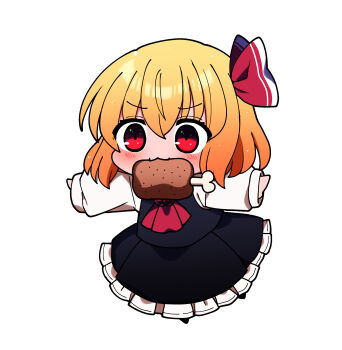 1girl ascot black_shirt black_shoes black_skirt blonde_hair blush boned_meat chibi commentary food full_body hair_ribbon highres long_sleeves meat medium_hair mouth_hold open_mouth outstretched_arms puffy_long_sleeves puffy_sleeves red_ascot red_eyes red_ribbon ribbon rumia shirt shoes simple_background skirt sleeves_past_wrists solo t-pose tearing_up touhou v-shaped_eyebrows white_background white_shirt you_(noanoamoemoe)