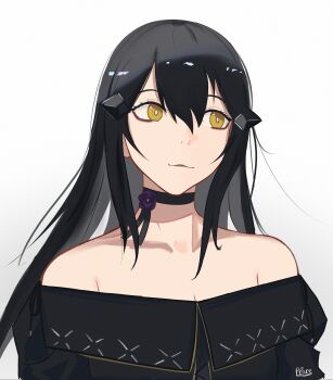 Rule 34 | 1girl, absurdres, artist name, bare shoulders, black choker, black dress, black hair, black lips, choker, closed mouth, collarbone, commentary, dandelion (girls' frontline), dress, english commentary, girls' frontline, girls' frontline 2: exilium, hair between eyes, hair ornament, hairclip, highres, lips, long hair, looking at viewer, off-shoulder dress, off shoulder, sidelocks, simple background, solo, takaprince, upper body, white background, yellow eyes