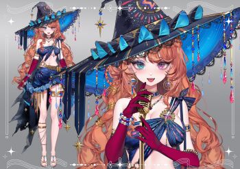 1girl animated armlet asymmetrical_bikini asymmetrical_skirt bare_shoulders barefoot_sandals_(jewelry) bead_bracelet beads bikini black_bikini black_bow black_hat black_skirt blue_eyes blue_hat bow bracelet breasts choker cleavage commentary commission dot_nose earrings elbow_gloves eyelashes frilled_skirt frills full_body gloves gold_earrings gradient_background grey_background happy hashtag-only_commentary hat hat_ornament heterochromia hexagram highres holding holding_microphone hoop_earrings jewelry lace-trimmed_headwear lace_trim large_breasts large_hat light_blush live2d long_hair looking_at_viewer microphone microphone_stand miniskirt multiple_views necklace open_mouth orange_hair original picture_frame pink_eyes pink_gloves reference_sheet shanwenyufan shoulder_bow simple_background single_strap skirt smile sparkle standing star_(symbol) star_hat_ornament straight-on striped_bow swimsuit teeth thighlet toes two-sided_fabric two-sided_headwear upper_body upper_teeth_only very_long_hair virtual_youtuber wavy_hair witch_hat