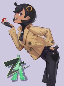 1girl absurdres bent_over black_bodysuit black_hair bodysuit bodysuit_under_clothes brown_jacket buttons commentary_request emma_(pokemon) from_side gloves grey_background grey_eyes grin hair_ornament hand_on_own_hip hand_up highres holding holding_poke_ball jacket kurokami_kinniku_matsuri long_sleeves looking_at_viewer looking_to_the_side nintendo poke_ball poke_ball_(basic) pokemon pokemon_legends:_z-a short_hair smile solo teeth