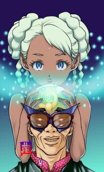 1boy 1girl bald bare_shoulders bindi blue_eyes braid dark_skin densetsu_kyojin_ideon facial_mark forehead_mark glasses green_hair gundam gundam_g_no_reconguista looking_at_viewer mask muteki_choujin_zambot_3 raraiya_monday red-framed_eyewear sparkle tomino_yoshiyuki twin_braids yae_no_sumire