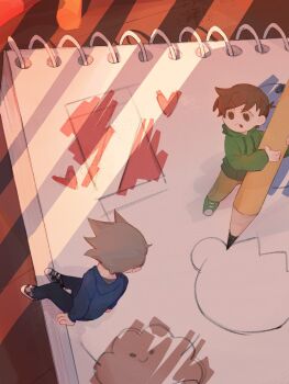 Rule 34 | 2boys, animification, antenna hair, asdfmovie, black pants, blue hoodie, brown eyes, brown hair, brown pants, cameo, carbonmoon, checkered shoes, chibi, chibi only, cola, commentary, creator connection, drawing (action), drawing (object), drawstring, edd (eddsworld), eddsworld, food, from above, green hoodie, green shoes, highres, holding, holding pencil, hood, hood down, hoodie, indoors, long sleeves, looking at another, male focus, mini person, miniboy, mr. muffin, muffin, multiple boys, notepad, pants, pencil, shoes, short hair, sneakers, spiked hair, swept bangs, symbol-only commentary, tom (eddsworld), tomee bear (eddsworld), tongue, tongue out