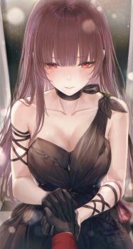 1girl 1other absurdres black_dress black_gloves blush breasts cleavage collarbone commander_(girls'_frontline) commentary dress girls'_frontline girls'_frontline_2:_exilium gloves highres holding_hands long_hair looking_at_viewer makiatto_(girls'_frontline_2) official_alternate_costume parted_lips pov pov_hands purple_hair red_eyes renoahh revision sleeveless sleeveless_dress wa2000_(ballroom_interlude)_(girls'_frontline) wa2000_(girls'_frontline) watermark