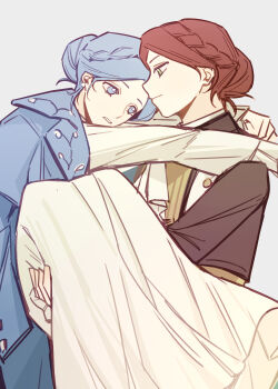 2girls absurdres blue_coat blue_eyes blue_hair braid carrying carrying_person closed_mouth coat commentary dress english_commentary green_eyes highres lea_florence_monad lies_of_p lies_of_p:_overture long_dress merian multiple_girls open_clothes open_coat red_hair siblings simple_background sisters sophia_monad walking white_background white_dress