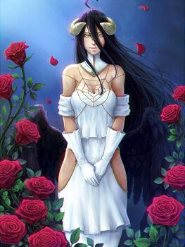 1girl albedo_(overlord) eply falling_petals flower gloves highres horns long_hair looking_at_viewer overlord_(maruyama) petals red_flower red_rose rose solo straight-on very_long_hair white_gloves yellow_eyes