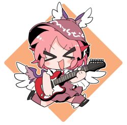 Rule 34 | &gt; &lt;, 1girl, animal ears, bird ears, bird wings, black footwear, blush, brown dress, brown hat, brown socks, collared shirt, dress, earrings, electric guitar, frilled dress, frills, full body, guitar, hat, holding, holding instrument, ini (inunabe00), instrument, jewelry, kneehighs, music, mystia lorelei, open mouth, pink hair, playing instrument, shirt, shoes, short hair, short sleeves, single earring, smile, socks, solo, touhou, white shirt, white wings, winged footwear, winged hat, wings