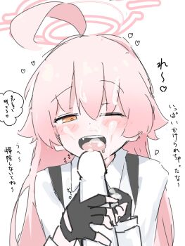 1boy 1girl after_fellatio ahoge blue_archive cum cum_in_mouth cum_on_body cum_on_hair drooling facial fang fellatio fingerless_gloves gloves halo handjob heart hoshino_(blue_archive) ikafriiiii one_eye_closed oral penis pink_hair pov sketch