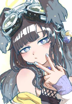 1girl animal_ears black_hair blue_archive blue_eyes dog_ears dog_girl engineering_department_(blue_archive) goggles goggles_on_head halo hibiki_(blue_archive) highres long_hair looking_at_viewer solo user_psdt8377 yellow_halo